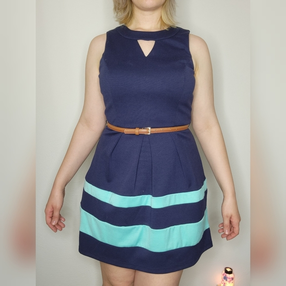 Blue Dress with Attached Belt - Picture 2 of 6